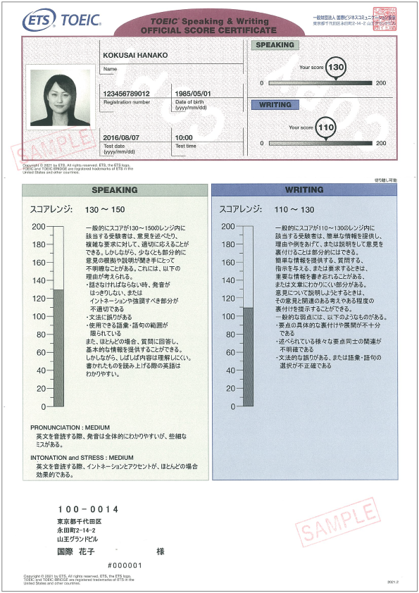TOEIC Speaking公開テスト Official Score Certificate（公式認定証）