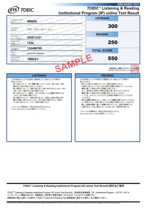 IP（オンライン）テスト結果の見本