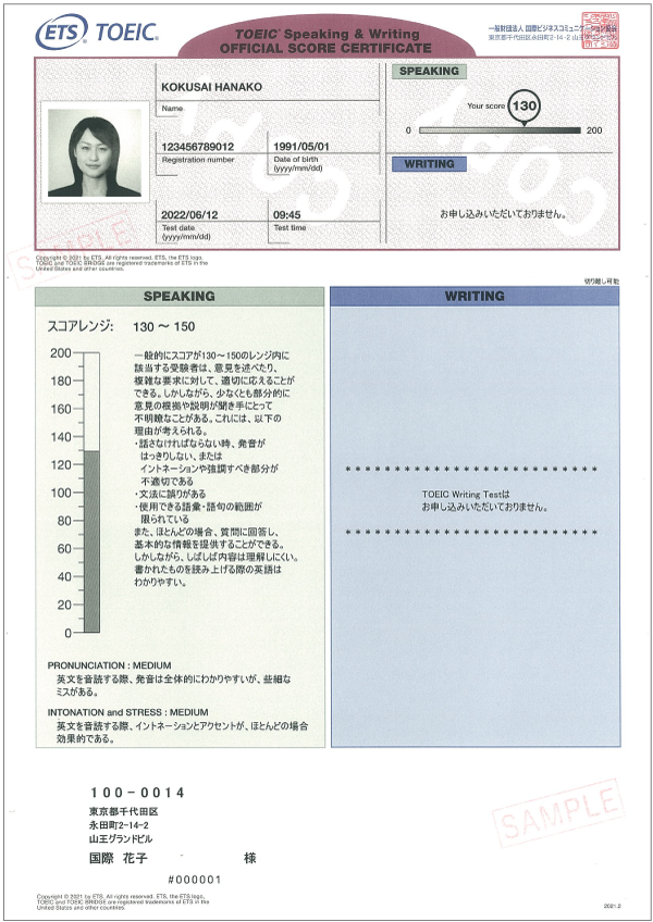 TOEIC Speaking公開テスト Official Score Certificate（公式認定証）