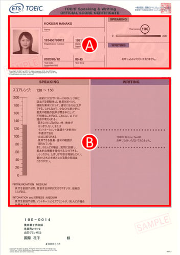 TOEIC Speaking公開テスト Official Score Certificate（公式認定証）サンプル