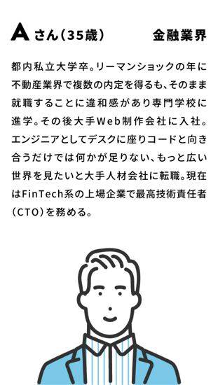 Aさん(35歳) 金融業界 都立私立大学卒。リーマンショックの年に不動産業界で複数の内定を得るも、そのまま就職することに違和感があり専門学校に進学。その後大手Web制作会社に入社。エンジニアとしてデスクに座りコードと向き合うだけでは何かが足りない、もっと広い世界を見たいと大手人材会社に転職。現在はFinTech系の上場企業で最高技術責任者(CTO)を務める。