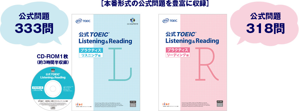 ［本番形式の公式問題を豊富に収録］　公式TOEIC Listening & Reading プラクティス リスニング編　公式問題333問　CD-ROM1枚（約3時間半収録）　公式TOEIC Listening & Reading プラクティス リーディング編　公式問題318問