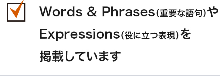 Words & Phrases（重要な語句）Expressions（役に立つ表現）を掲載しています。