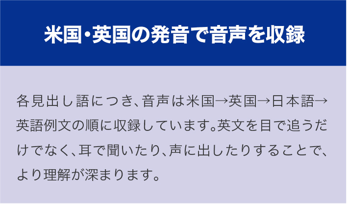 米国・英国の発音で音声を収録　各見出し語につき、音声は米国→英国→日本→英語例文の順に収録しています。英文を目で追うだけでなく、耳で聞いたり、声に出したりすることで、より理解が深まります。